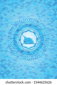 chicken dish icon inside light blue emblem with triangle mosaic background