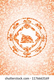chicken dish icon inside orange tile background illustration. Square geometric mosaic seamless pattern with emblem inside.