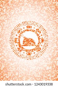 chicken dish icon inside orange tile background illustration. Square geometric mosaic seamless pattern with emblem inside.