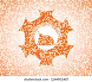 chicken dish icon inside orange tile background illustration. Square geometric mosaic seamless pattern with emblem inside.