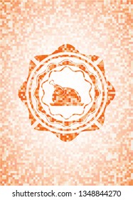 chicken dish icon inside orange tile background illustration. Square geometric mosaic seamless pattern with emblem inside.