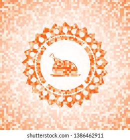 chicken dish icon inside orange mosaic emblem with background