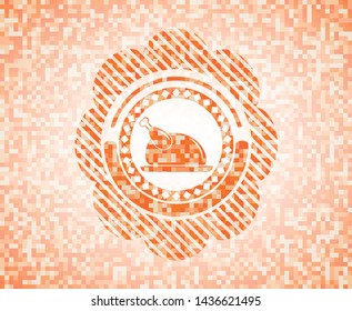 chicken dish icon inside orange tile background illustration. Square geometric mosaic seamless pattern with emblem inside.