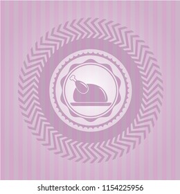 chicken dish icon inside pink emblem. Vintage.
