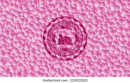 chicken dish icon inside pink badge with bubbles background. Vector Illustration. Detailed. 