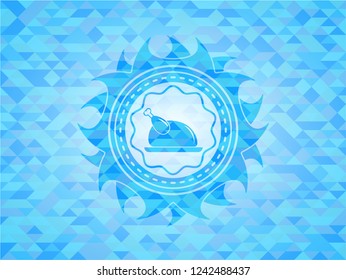 chicken dish icon inside realistic light blue emblem. Mosaic background