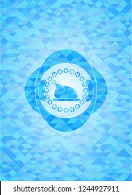 chicken dish icon inside realistic sky blue emblem. Mosaic background