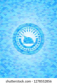 chicken dish icon inside realistic sky blue emblem. Mosaic background