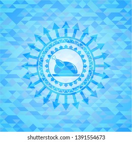chicken dish icon inside realistic light blue emblem. Mosaic background