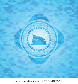 chicken dish icon inside realistic light blue emblem. Mosaic background