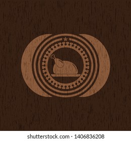 chicken dish icon inside realistic wood emblem
