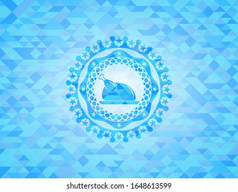 chicken dish icon inside realistic sky blue emblem. Mosaic background