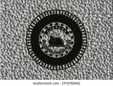 chicken dish icon inside realistic black emblem with grey bubbles background. Vector Illustration. Detailed. 