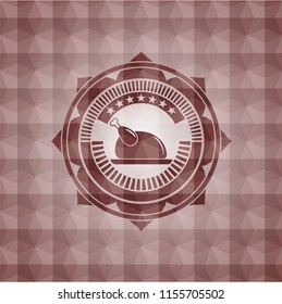 chicken dish icon inside red seamless emblem with geometric pattern background.