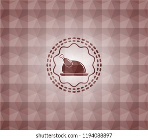 chicken dish icon inside red seamless geometric pattern emblem. Seamless.
