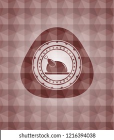 chicken dish icon inside red polygonal badge. Seamless.