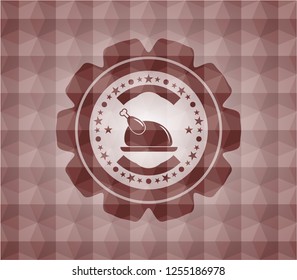 chicken dish icon inside red seamless emblem with geometric pattern background.