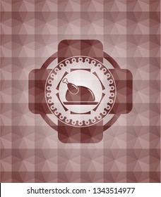 chicken dish icon inside red seamless emblem or badge with abstract geometric pattern background.