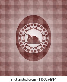 chicken dish icon inside red emblem with geometric pattern background. Seamless.