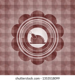 chicken dish icon inside red seamless emblem with geometric pattern background.