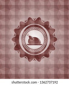 chicken dish icon inside red seamless badge with geometric background.