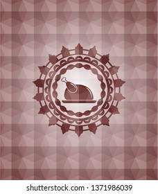 chicken dish icon inside red seamless geometric pattern emblem. Seamless.