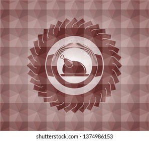 chicken dish icon inside red geometric pattern emblem. Seamless.