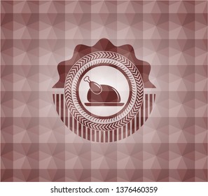 chicken dish icon inside red seamless badge with geometric pattern background.