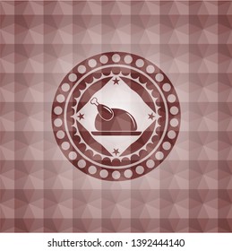 chicken dish icon inside red seamless badge with geometric pattern background.
