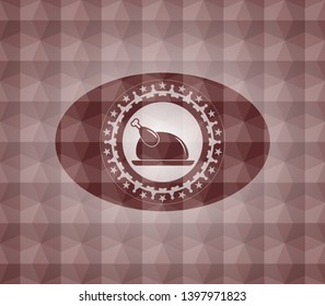 chicken dish icon inside red geometric emblem. Seamless.
