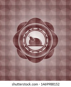 chicken dish icon inside red badge with geometric background. Seamless.