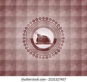 chicken dish icon inside red emblem with geometric pattern background. Seamless. 