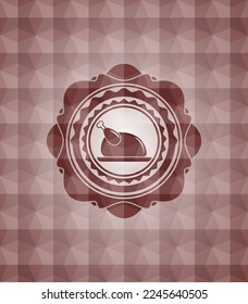 icono del plato de pollo dentro de la insignia de marinera roja con fondo de patrón geométrico. 