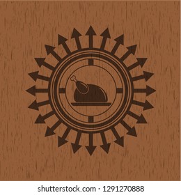 chicken dish icon inside retro wooden emblem