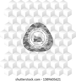 chicken dish icon inside retro style grey emblem with geometric cube white background