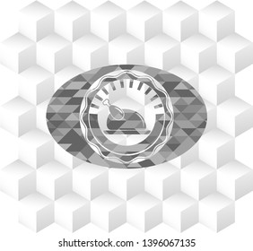 chicken dish icon inside retro style grey emblem with geometric cube white background