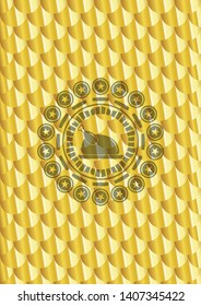 chicken dish icon inside shiny golden badge. Scales pattern. Vector Illustration. Detailed.