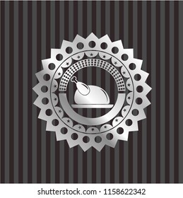 chicken dish icon inside silvery badge or emblem