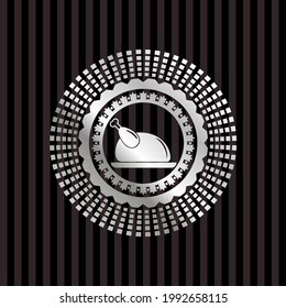 chicken dish icon inside silvery emblem. 
