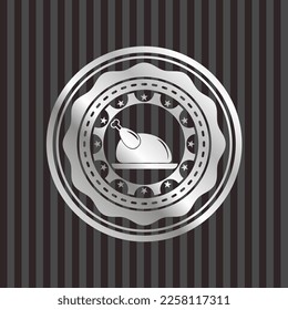 chicken dish icon inside silvery emblem or badge. 