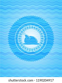 chicken dish icon inside sky blue water style emblem.