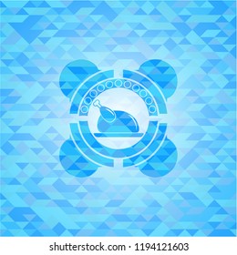 chicken dish icon inside sky blue emblem. Mosaic background