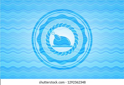 chicken dish icon inside sky blue water wave emblem background.