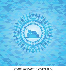 chicken dish icon inside sky blue emblem with mosaic background