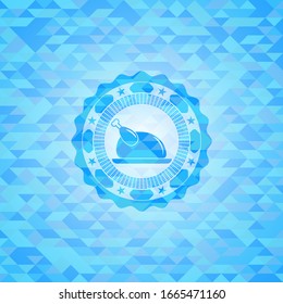 chicken dish icon inside sky blue emblem with triangle mosaic background