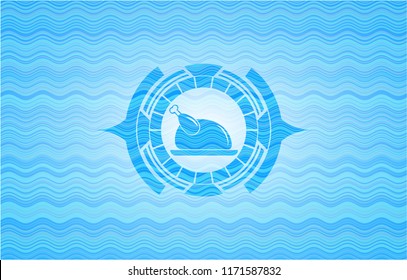 chicken dish icon inside water wave concept badge.