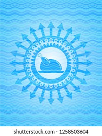 chicken dish icon inside water wave representation badge background.