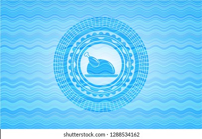 chicken dish icon inside water concept badge background.