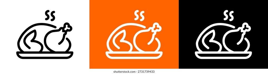 Chicken dish outline icon. Cooked poultry meal served on plate. Minimal vector pictogram for cafe menu, fast food design and food illustrations. Isolated.