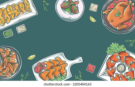 Chicken dish product top view. Hand-drawn chicken meat illustration background set frame. Chicken drawing with sauces, lemon slices, and herbs vector design. Chicken restaurant menu design template